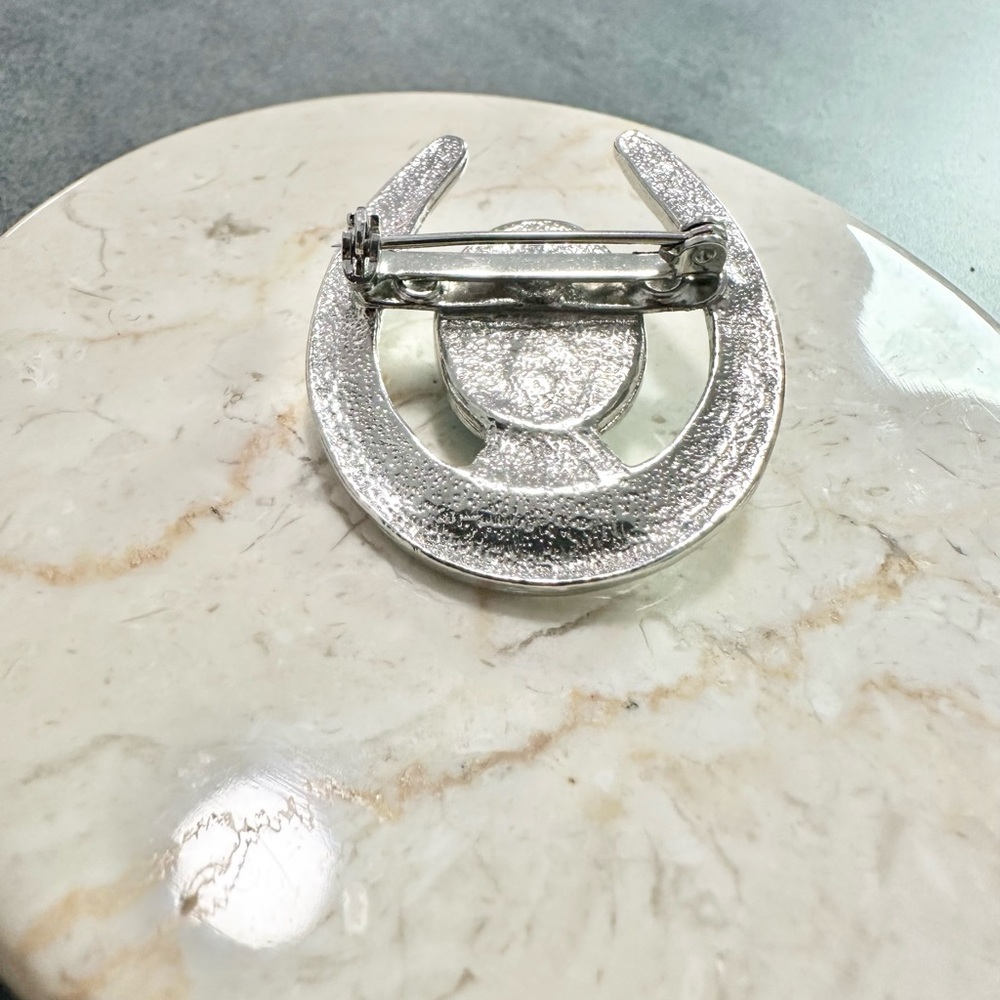 Vintage Silver Tone Horse Shoe With Turquoise Cabochon Brooch Pin - Picture 4 of 4